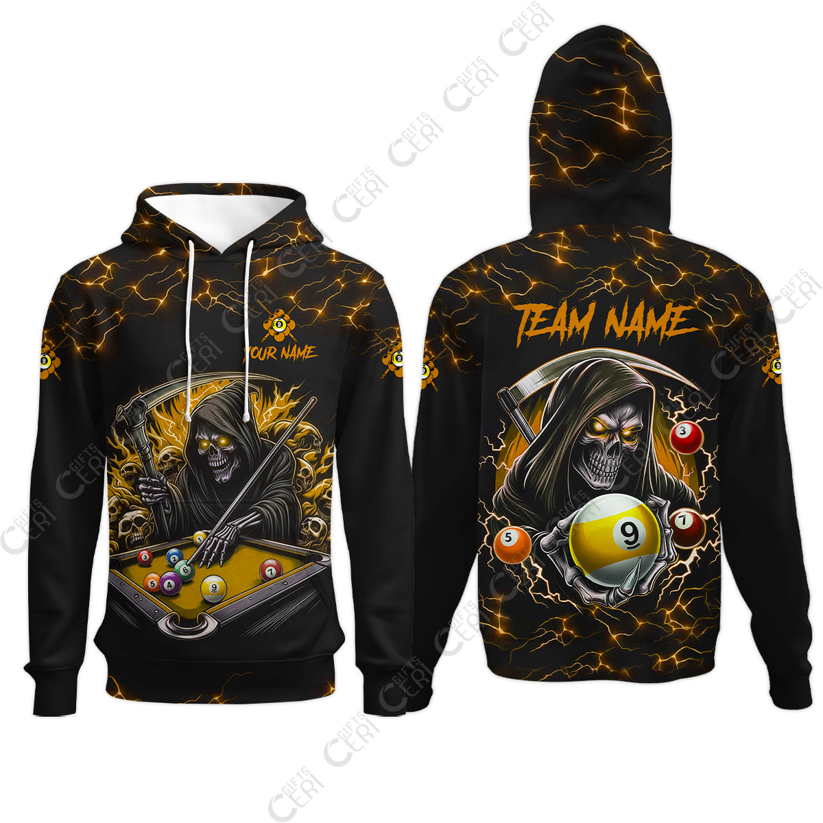 Customized Billiards Hoodies, Personalized Billiard Death Skeleton 9 Ball Jersey Gift For Billiard Players