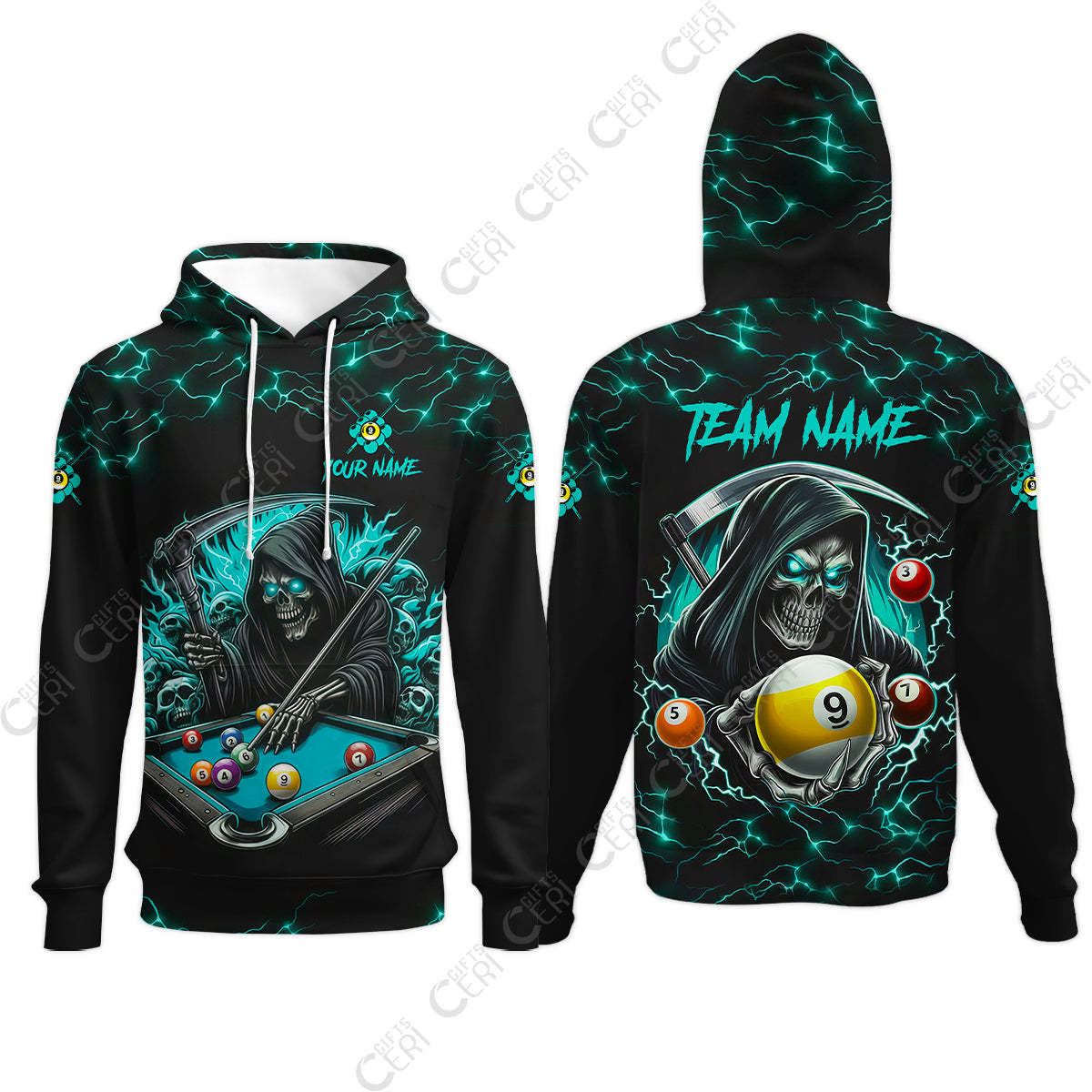 Customized Billiards Hoodies, Personalized Billiard Death Skeleton 9 Ball Jersey Gift For Billiard Players