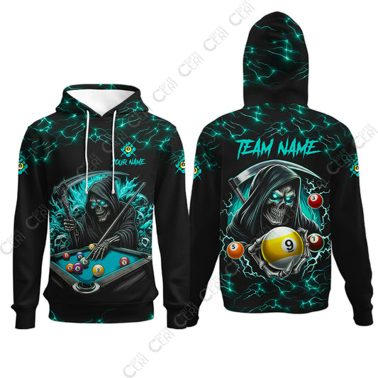 Customized Billiards Hoodies, Personalized Billiard Death Skeleton 9 Ball Jersey Gift For Billiard Players