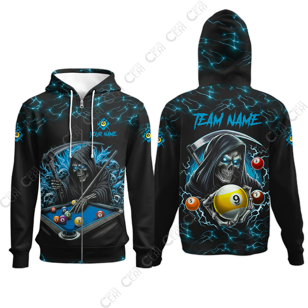 Customized Billiards Zip Hoodies, Personalized Billiard Death Skeleton 9 Ball Jersey Gift For Billiard Players