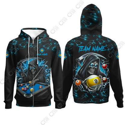 Customized Billiards Zip Hoodies, Personalized Billiard Death Skeleton 9 Ball Jersey Gift For Billiard Players