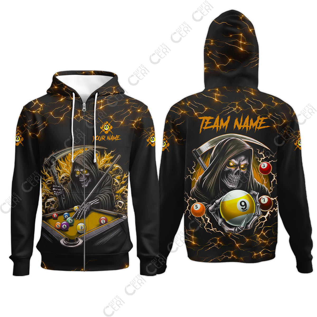 Customized Billiards Zip Hoodies, Personalized Billiard Death Skeleton 9 Ball Jersey Gift For Billiard Players