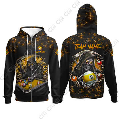 Customized Billiards Zip Hoodies, Personalized Billiard Death Skeleton 9 Ball Jersey Gift For Billiard Players