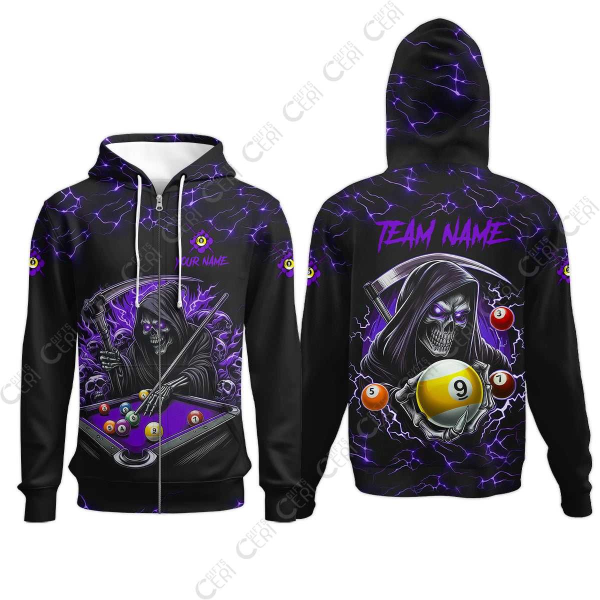 Customized Billiards Zip Hoodies, Personalized Billiard Death Skeleton 9 Ball Jersey Gift For Billiard Players