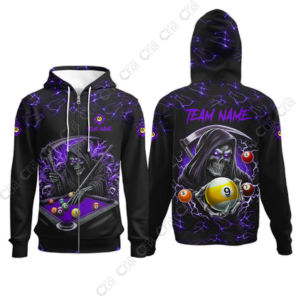 Customized Billiards Zip Hoodies, Personalized Billiard Death Skeleton 9 Ball Jersey Gift For Billiard Players