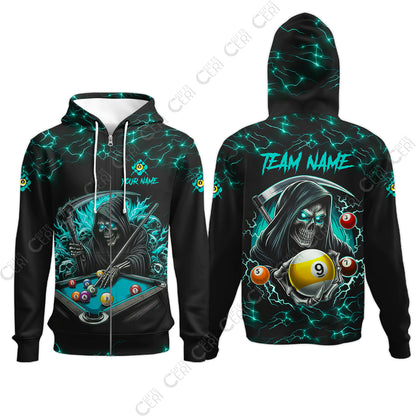 Customized Billiards Zip Hoodies, Personalized Billiard Death Skeleton 9 Ball Jersey Gift For Billiard Players