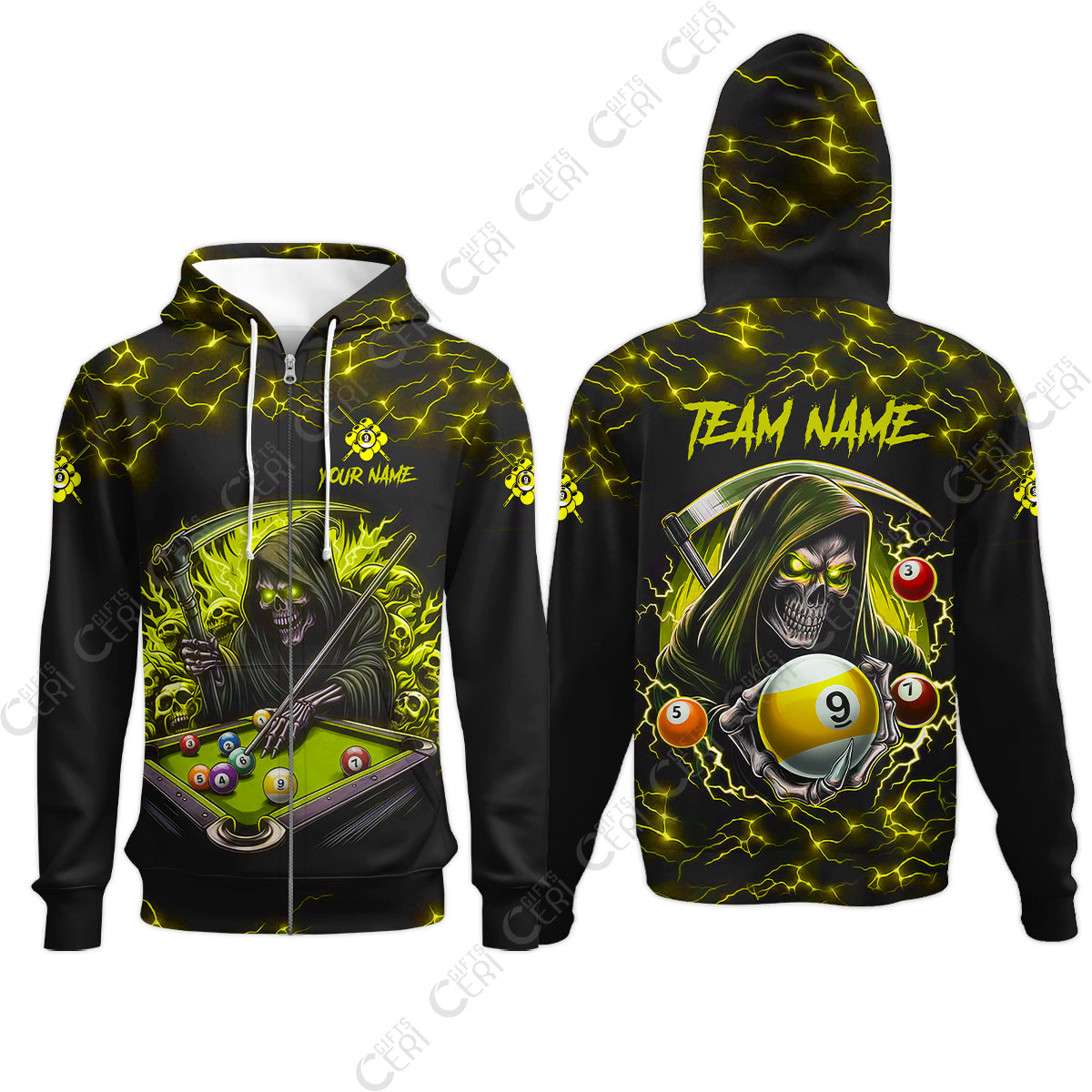 Customized Billiards Zip Hoodies, Personalized Billiard Death Skeleton 9 Ball Jersey Gift For Billiard Players