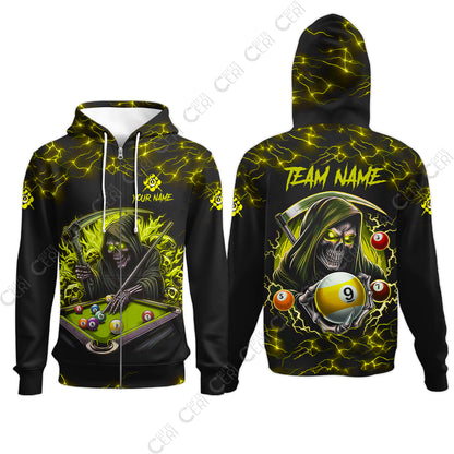 Customized Billiards Zip Hoodies, Personalized Billiard Death Skeleton 9 Ball Jersey Gift For Billiard Players