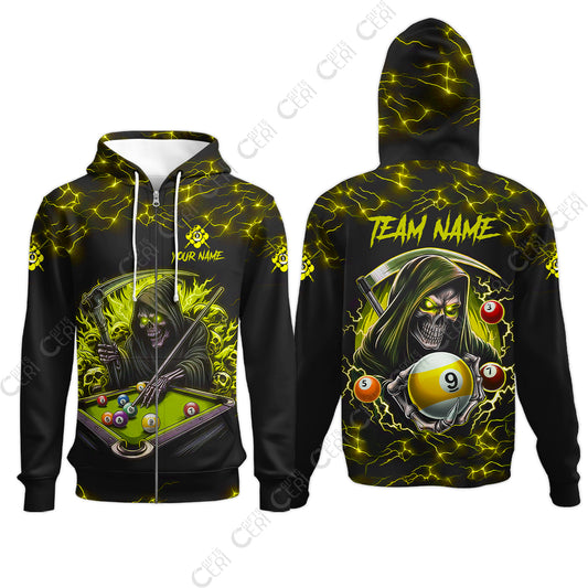 Customized Billiards Zip Hoodies, Personalized Billiard Death Skeleton 9 Ball Jersey Gift For Billiard Players