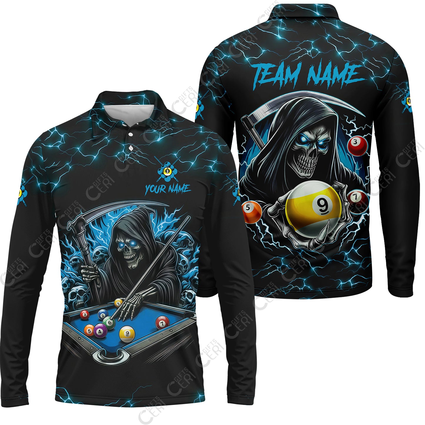 Customized Billiards Long Sleeve Polo Shirt, Personalized Billiard Death Skeleton 9 Ball Jersey Gift For Billiard Players