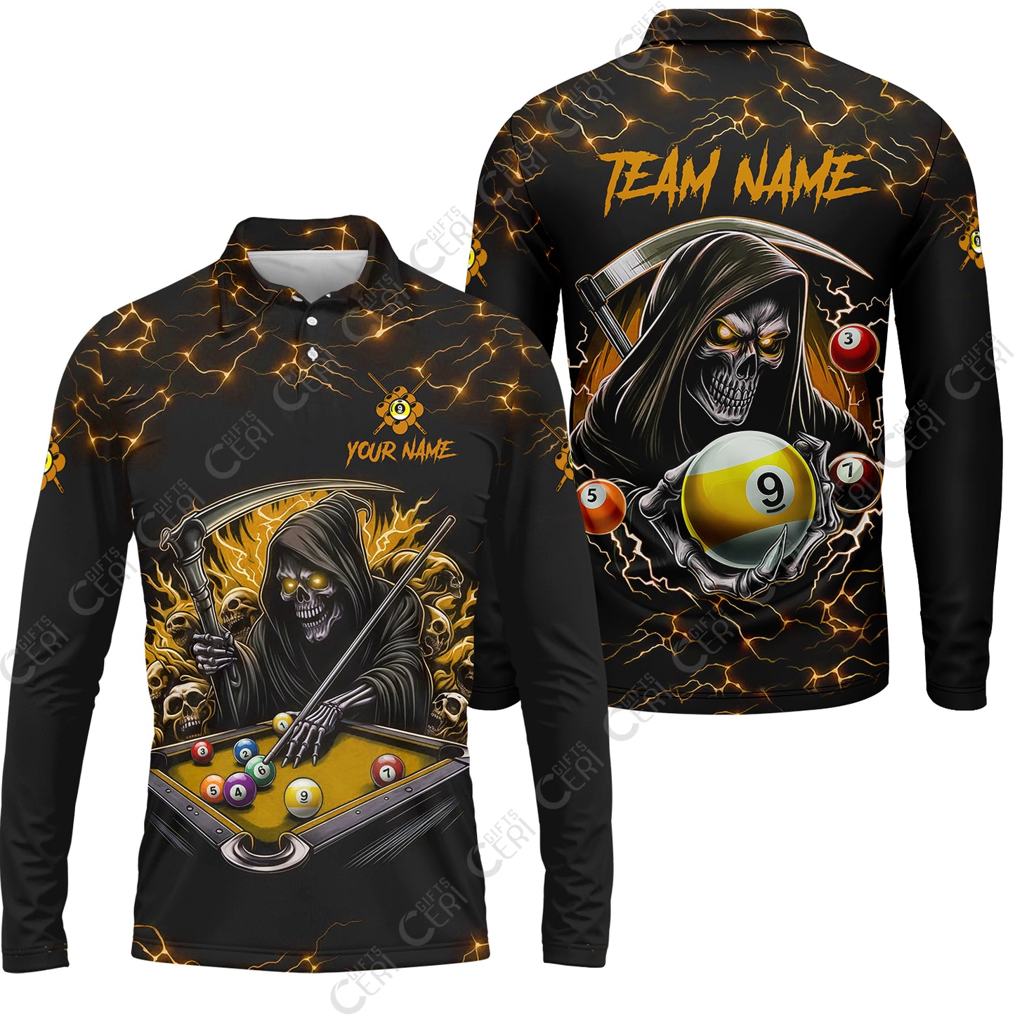 Customized Billiards Long Sleeve Polo Shirt, Personalized Billiard Death Skeleton 9 Ball Jersey Gift For Billiard Players