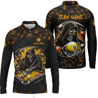 Customized Billiards Long Sleeve Polo Shirt, Personalized Billiard Death Skeleton 9 Ball Jersey Gift For Billiard Players