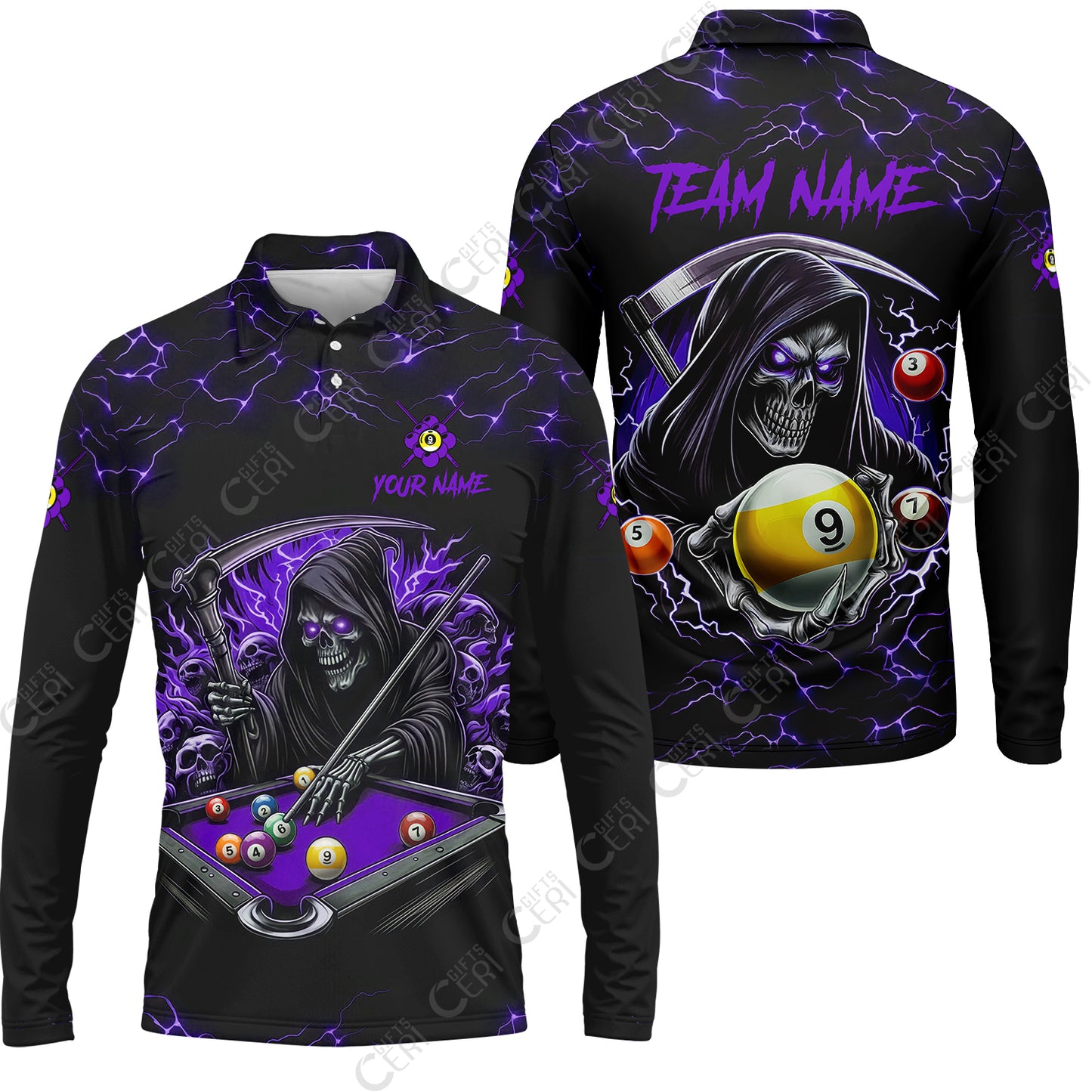 Customized Billiards Long Sleeve Polo Shirt, Personalized Billiard Death Skeleton 9 Ball Jersey Gift For Billiard Players