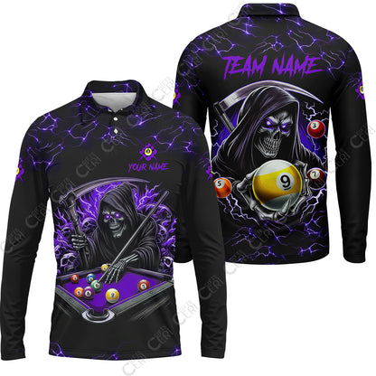 Customized Billiards Long Sleeve Polo Shirt, Personalized Billiard Death Skeleton 9 Ball Jersey Gift For Billiard Players