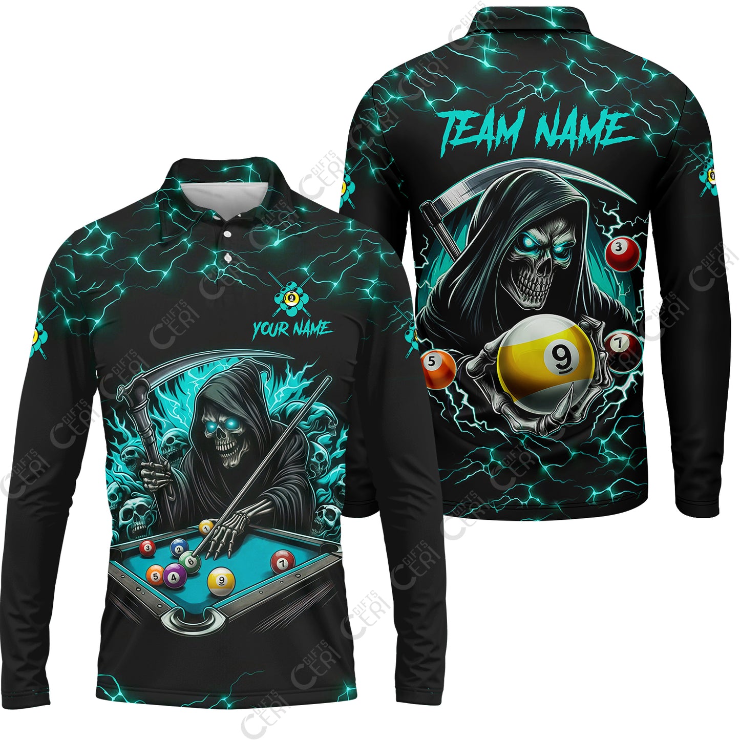 Customized Billiards Long Sleeve Polo Shirt, Personalized Billiard Death Skeleton 9 Ball Jersey Gift For Billiard Players