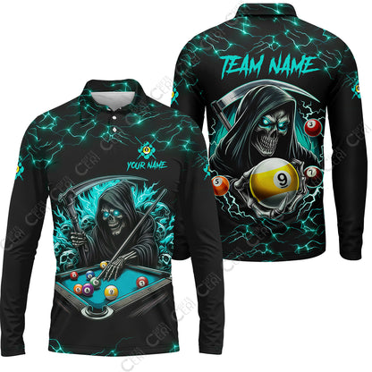 Customized Billiards Long Sleeve Polo Shirt, Personalized Billiard Death Skeleton 9 Ball Jersey Gift For Billiard Players