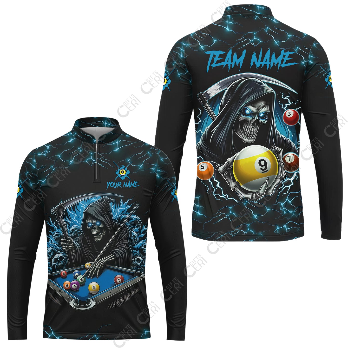 Customized Billiards Stand Collar Quarter-Zip Long Sleeve Jersey, Personalized Billiard Death Skeleton 9 Ball Jersey
