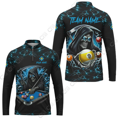 Customized Billiards Stand Collar Quarter-Zip Long Sleeve Jersey, Personalized Billiard Death Skeleton 9 Ball Jersey