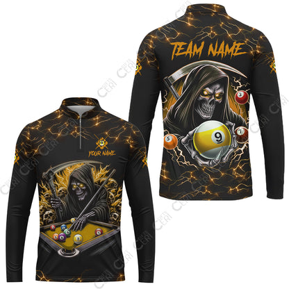 Customized Billiards Stand Collar Quarter-Zip Long Sleeve Jersey, Personalized Billiard Death Skeleton 9 Ball Jersey
