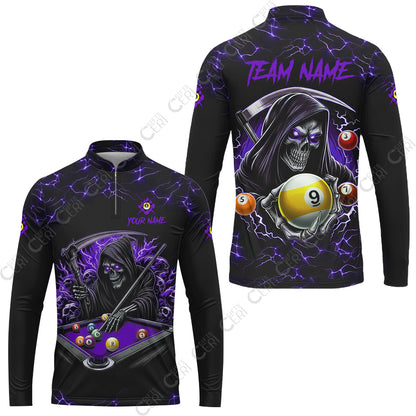 Customized Billiards Stand Collar Quarter-Zip Long Sleeve Jersey, Personalized Billiard Death Skeleton 9 Ball Jersey