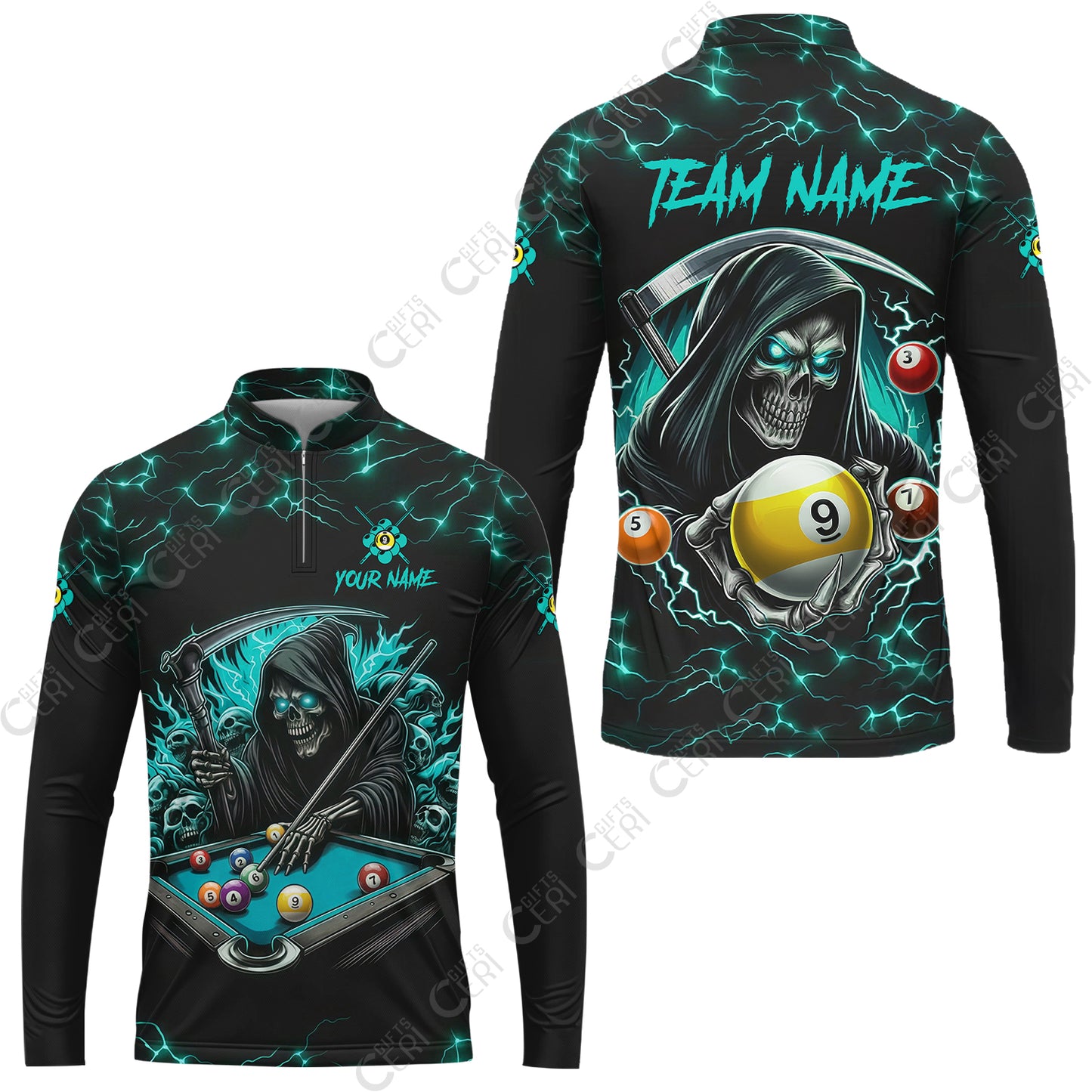 Customized Billiards Stand Collar Quarter-Zip Long Sleeve Jersey, Personalized Billiard Death Skeleton 9 Ball Jersey