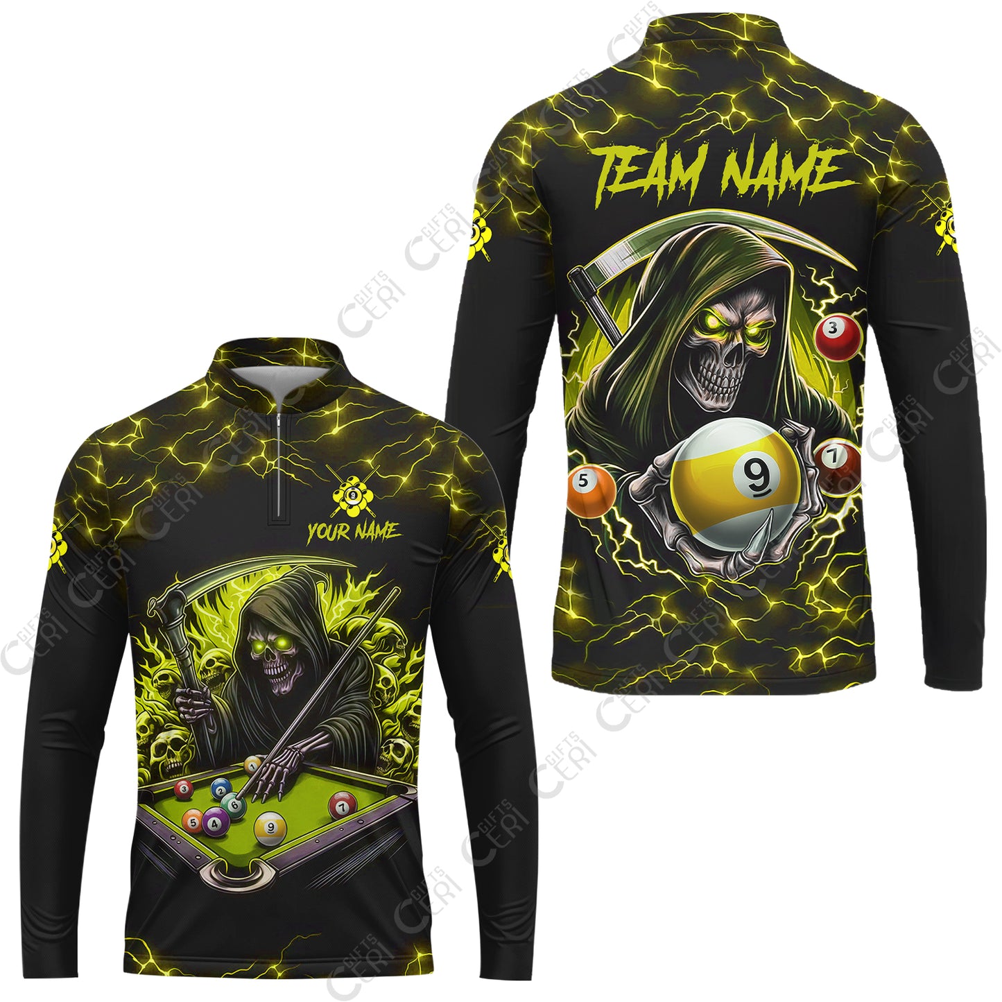 Customized Billiards Stand Collar Quarter-Zip Long Sleeve Jersey, Personalized Billiard Death Skeleton 9 Ball Jersey