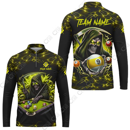 Customized Billiards Stand Collar Quarter-Zip Long Sleeve Jersey, Personalized Billiard Death Skeleton 9 Ball Jersey