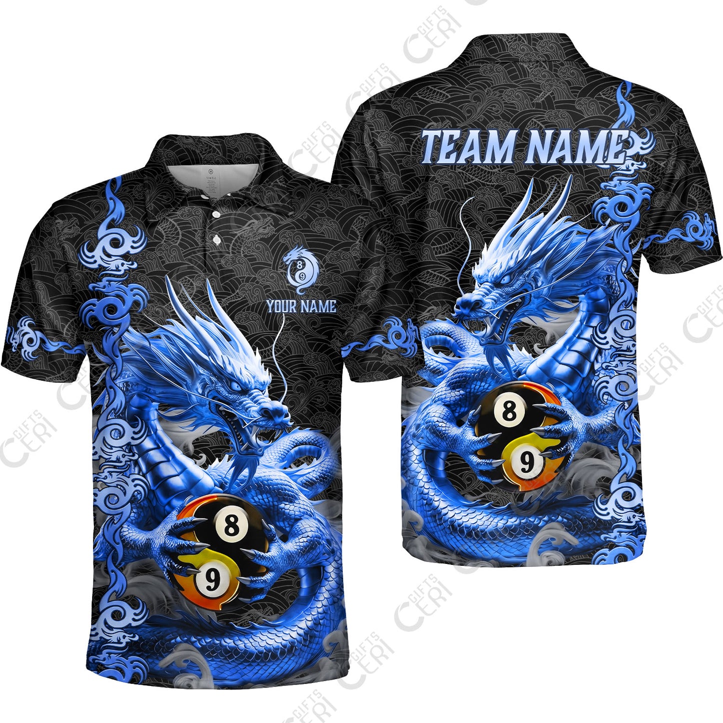 Customized Billiards Unisex Polo Shirt, Personalized Dragon Yin Yang 8 Ball 9 Ball Jersey Gift For Billiard Players