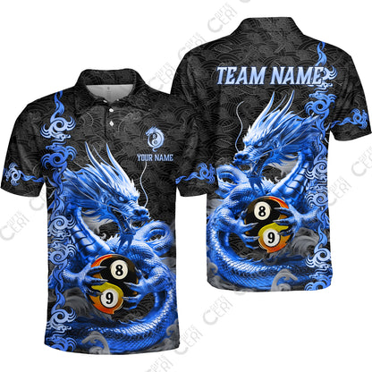 Customized Billiards Unisex Polo Shirt, Personalized Dragon Yin Yang 8 Ball 9 Ball Jersey Gift For Billiard Players