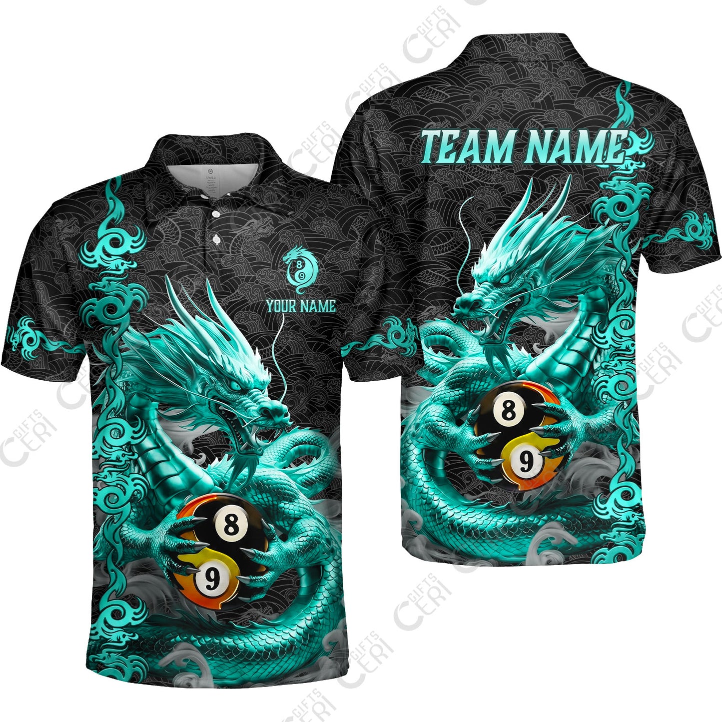 Customized Billiards Unisex Polo Shirt, Personalized Dragon Yin Yang 8 Ball 9 Ball Jersey Gift For Billiard Players