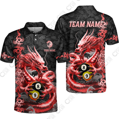 Customized Billiards Unisex Polo Shirt, Personalized Dragon Yin Yang 8 Ball 9 Ball Jersey Gift For Billiard Players