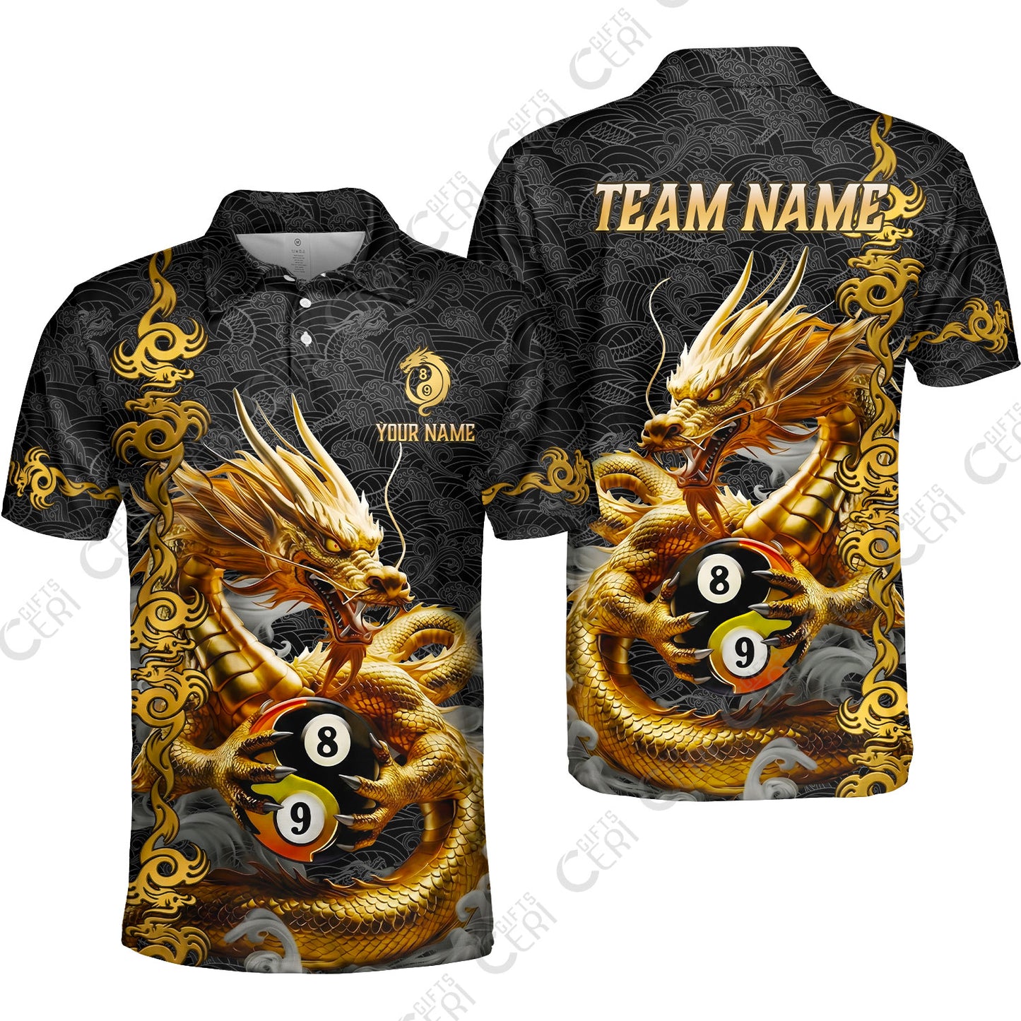 Customized Billiards Unisex Polo Shirt, Personalized Dragon Yin Yang 8 Ball 9 Ball Jersey Gift For Billiard Players