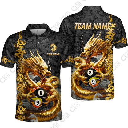 Customized Billiards Unisex Polo Shirt, Personalized Dragon Yin Yang 8 Ball 9 Ball Jersey Gift For Billiard Players