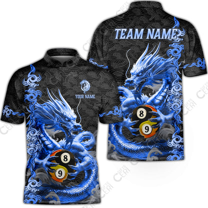 Customized Billiards Stand Collar Quarter-Zip Short Sleeve Jersey, Personalized Dragon Yin Yang 8 Ball 9 Ball Jersey