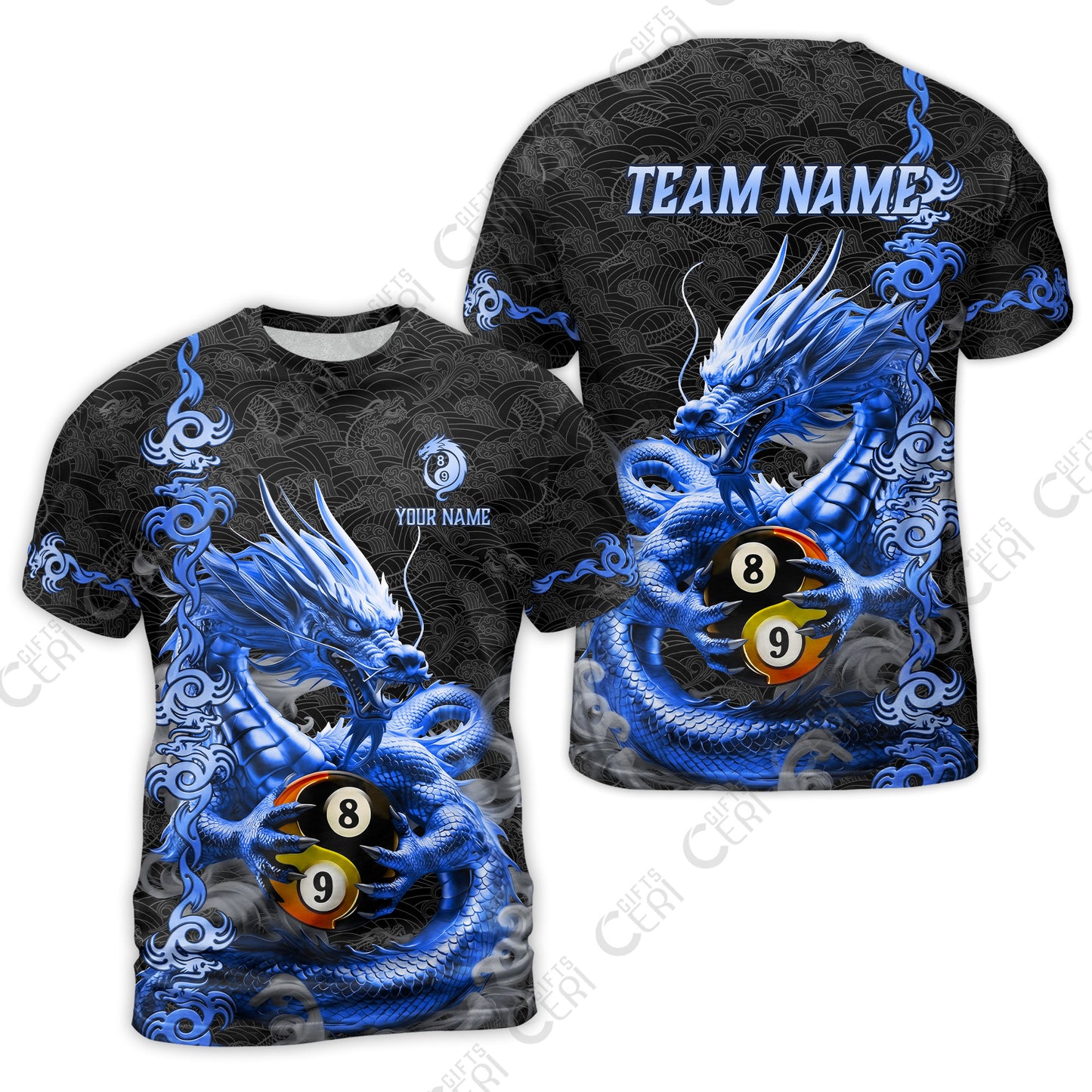 Customized Billiards T-Shirt, Personalized Dragon Billiard Yin Yang 8 Ball 9 Ball Jersey Gift For Billiard Players
