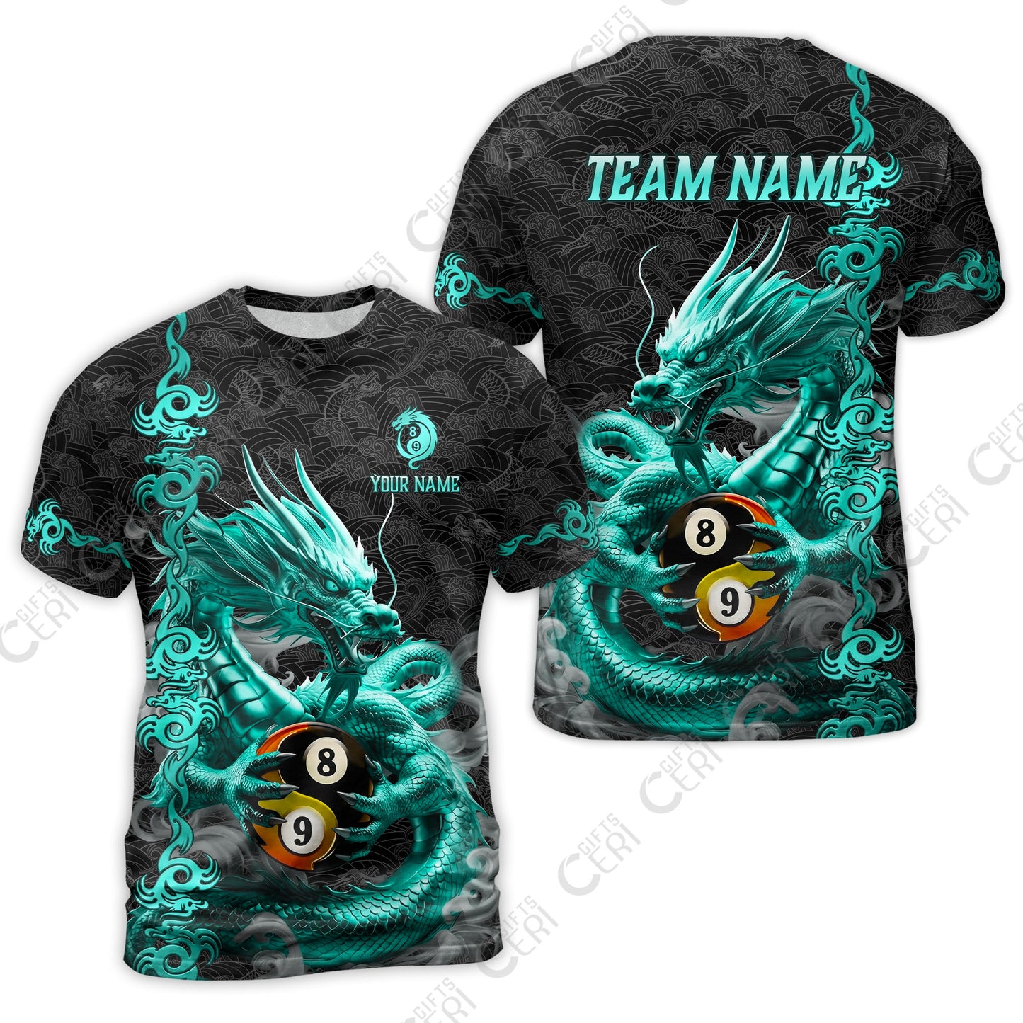 Customized Billiards T-Shirt, Personalized Dragon Billiard Yin Yang 8 Ball 9 Ball Jersey Gift For Billiard Players