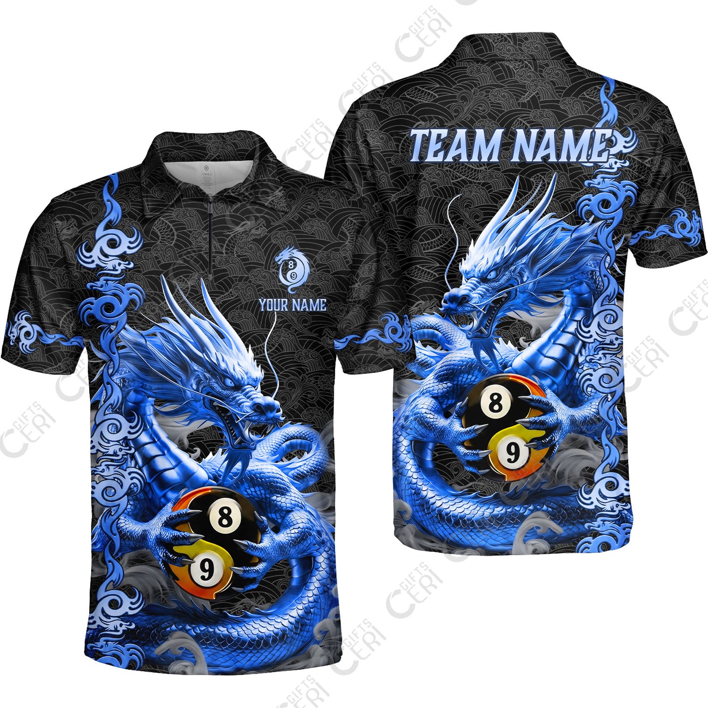 Customized Billiards Quarter-Zip Polo Shirt, Personalized Dragon Yin Yang 8 Ball 9 Ball Jersey Gift For Billiard Players