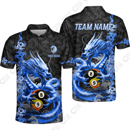 Customized Billiards Quarter-Zip Polo Shirt, Personalized Dragon Yin Yang 8 Ball 9 Ball Jersey Gift For Billiard Players