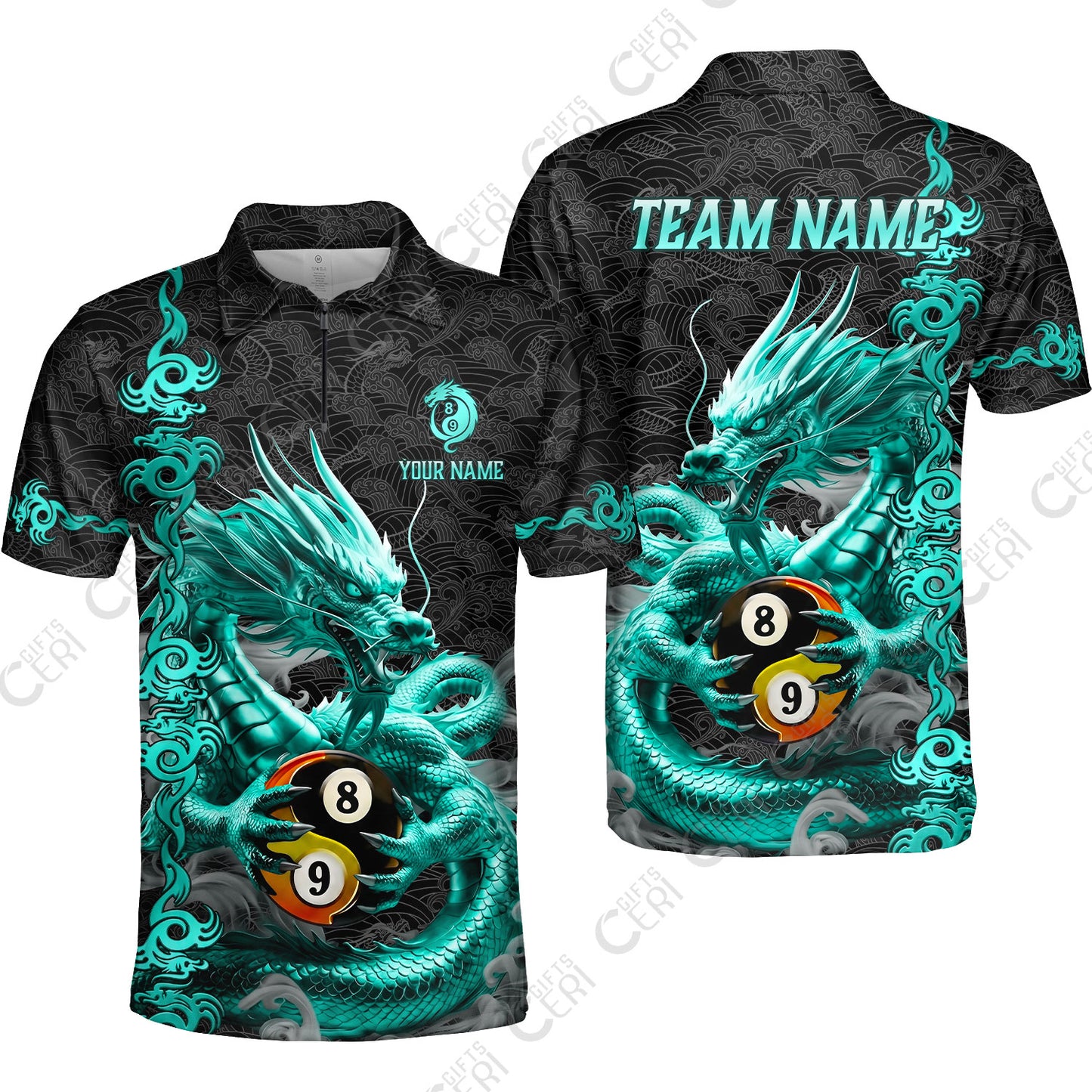 Customized Billiards Quarter-Zip Polo Shirt, Personalized Dragon Yin Yang 8 Ball 9 Ball Jersey Gift For Billiard Players