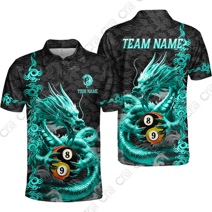 Customized Billiards Quarter-Zip Polo Shirt, Personalized Dragon Yin Yang 8 Ball 9 Ball Jersey Gift For Billiard Players
