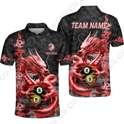 Customized Billiards Quarter-Zip Polo Shirt, Personalized Dragon Yin Yang 8 Ball 9 Ball Jersey Gift For Billiard Players