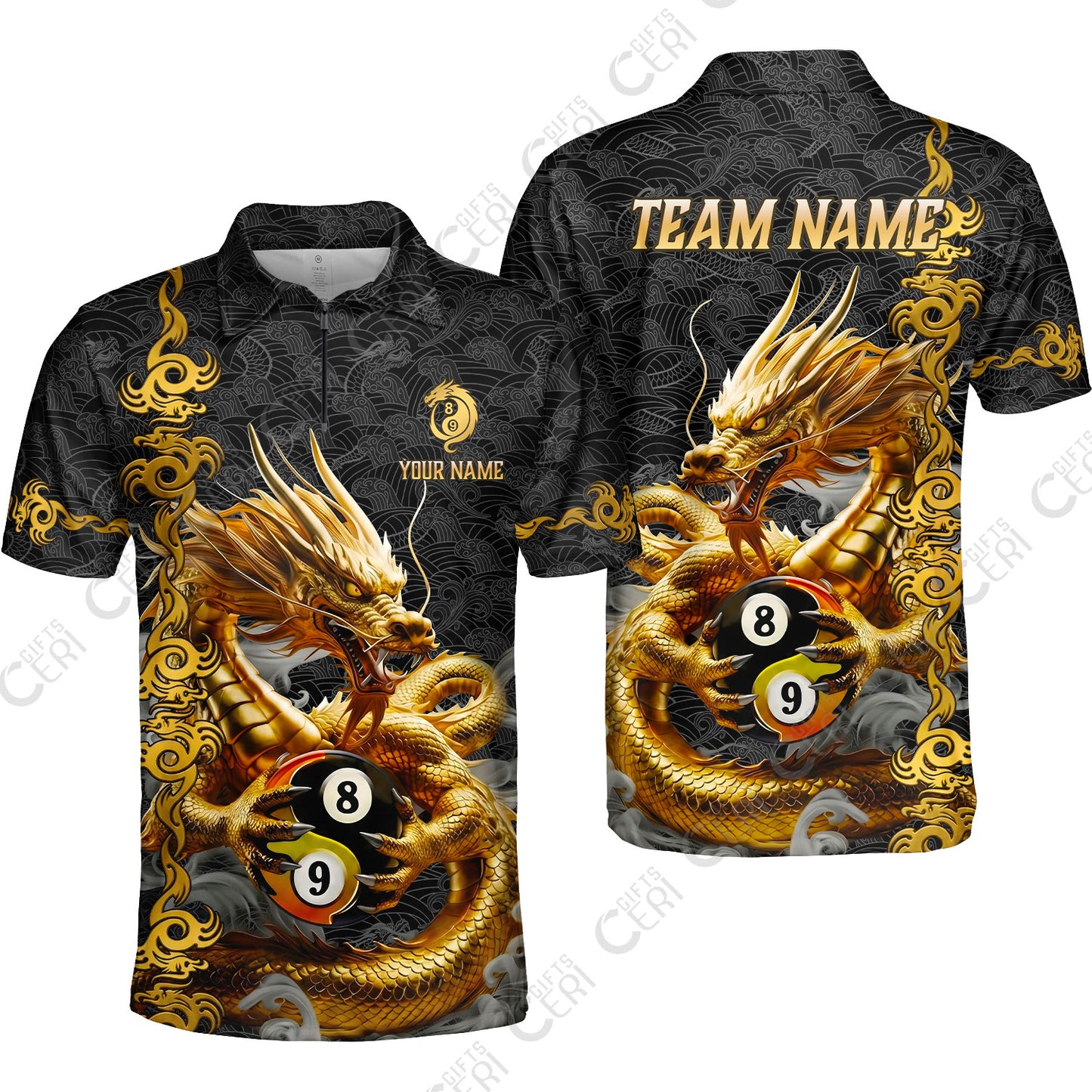 Customized Billiards Quarter-Zip Polo Shirt, Personalized Dragon Yin Yang 8 Ball 9 Ball Jersey Gift For Billiard Players