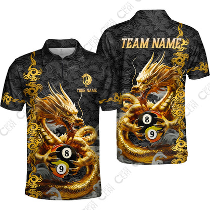 Customized Billiards Quarter-Zip Polo Shirt, Personalized Dragon Yin Yang 8 Ball 9 Ball Jersey Gift For Billiard Players