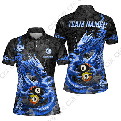 Customized Billiards Women Polo Shirt, Personalized Dragon Yin Yang 8 Ball 9 Ball Jersey Gift For Billiard Players
