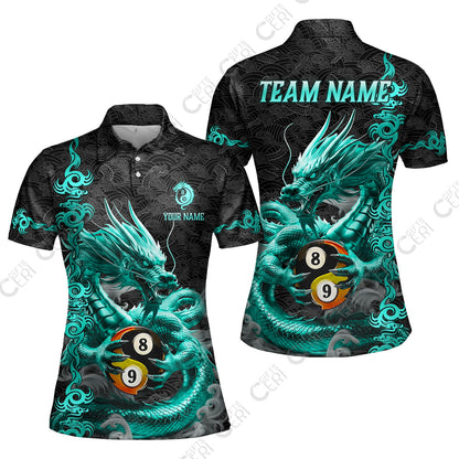Customized Billiards Women Polo Shirt, Personalized Dragon Yin Yang 8 Ball 9 Ball Jersey Gift For Billiard Players
