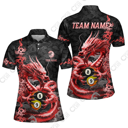 Customized Billiards Women Polo Shirt, Personalized Dragon Yin Yang 8 Ball 9 Ball Jersey Gift For Billiard Players