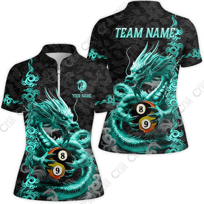 Customized Billiards Stand Collar Quarter Zip Short Sleeve Women's Shirt, Personalized Dragon Yin Yang 8 Ball 9 Ball