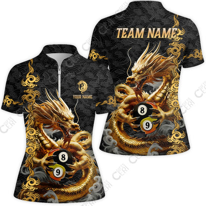 Customized Billiards Stand Collar Quarter Zip Short Sleeve Women's Shirt, Personalized Dragon Yin Yang 8 Ball 9 Ball