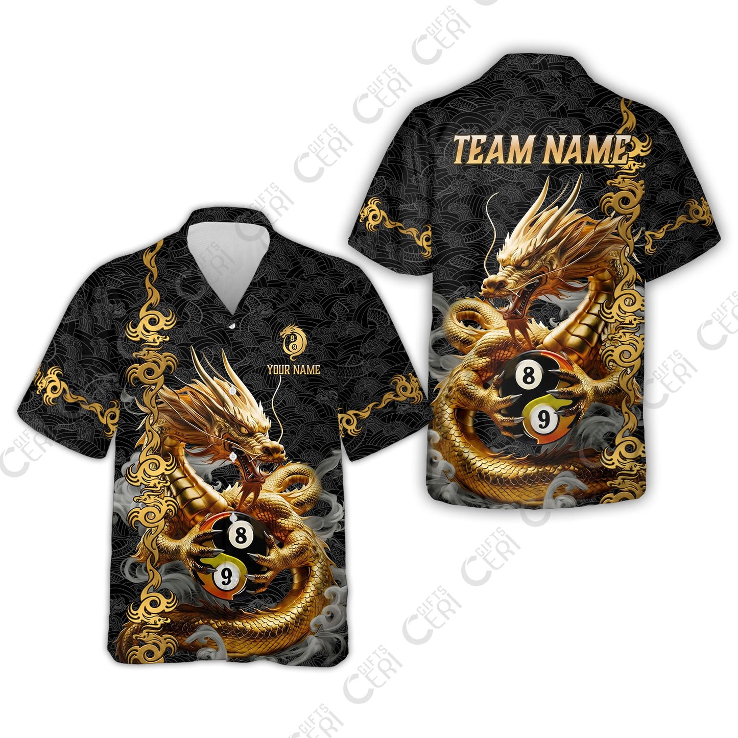 Customized Billiards Hawaiian Shirt, Personalized Dragon Billiard Yin Yang 8 Ball 9 Ball Jersey Gift For Billiard Players