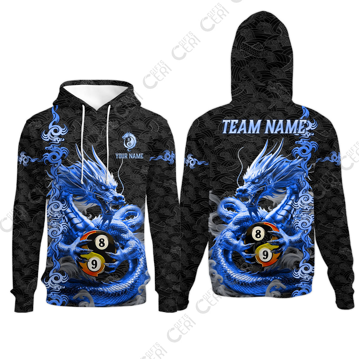 Customized Billiards Hoodies, Personalized Dragon Billiard Yin Yang 8 Ball 9 Ball Jersey Gift For Billiard Players